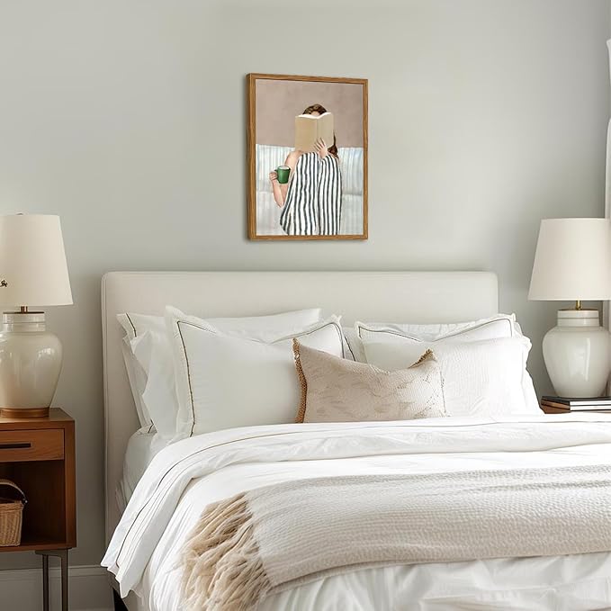 Framed Trendy Preppy Canvas Wall Art, Woman Reading Book with Coffee Pictures Wall Decor Paintings, Blue and White Striped Prints Girly Home Decor for Living Room Bedroom Dorm 12x16 inch