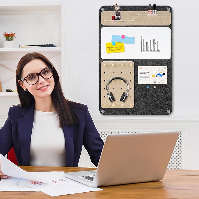 DOLLAR BOSS 3-in-1 Foldable Bulletin Board 16"x24" Vertical- Magnetic Whiteboard with Cork & Acrylic Shelves, Sound-Absorbing Felt for Home/Office/Dorm Includes Pins/Magnets (Grey)