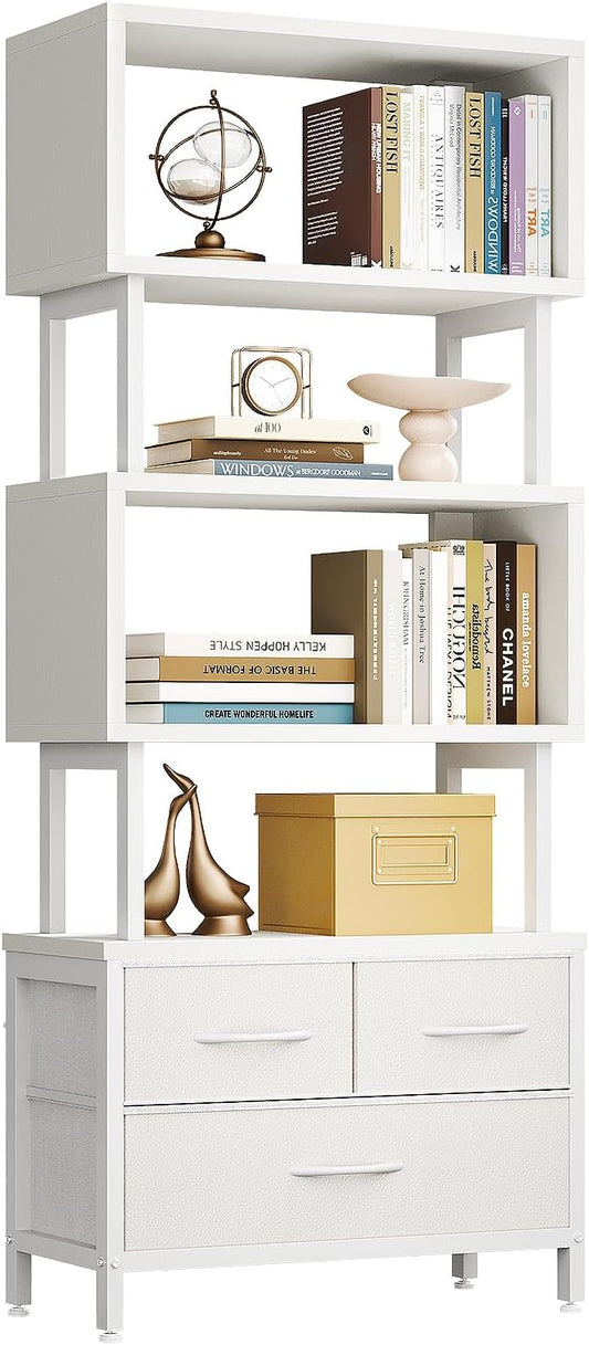 Casaottima 7 Tier Bookshelf, Tall Geometric Bookcase with Fabric Drawers, Modern Display Book Shelves Book Case for Living Room Bedroom, Wood Decorative Standing Shelving Unit for Home Office, White