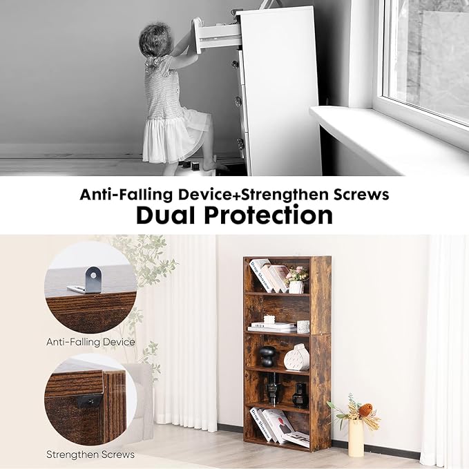 Book Shelf, 5-Tier Bookcase with Adjustable Shelves, Open Storage Shelves for Organization, 23.82 x 9.25 x 53, for Bedroom, Living Room, Home, Office, Rustic Brown