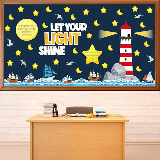 109Pcs Christian Religious Bulletin Board Set Let Your Light Shine Classroom Decoration VBS 2026 Bible Verse Lighthouse Paper Cutout for Church Easter Sunday School Chalkboard Door Wall Decor