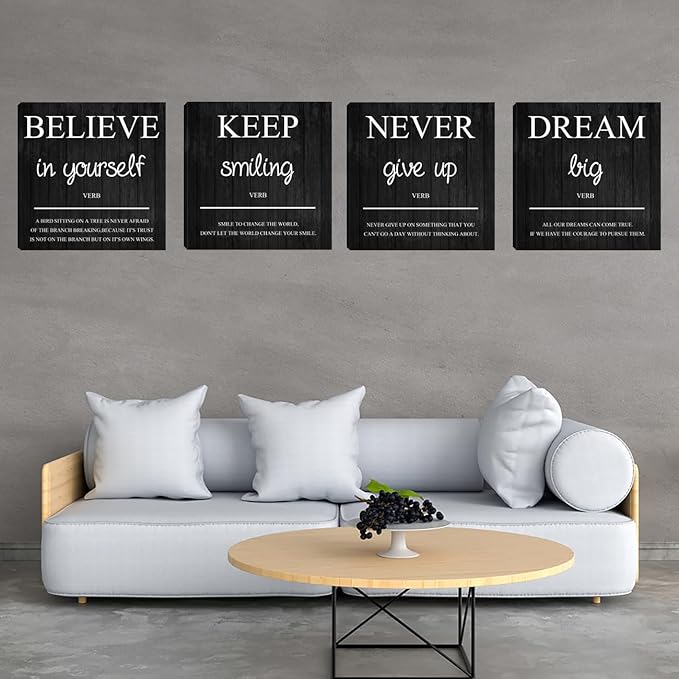 Halioyo Motivational Wall Decor, 4 Pieces Inspirational Wall Art Prints, Motivation Office Positive Quote Posters, Canvas Wall Decor for Home Living Room Classroom (12X12 Inches)