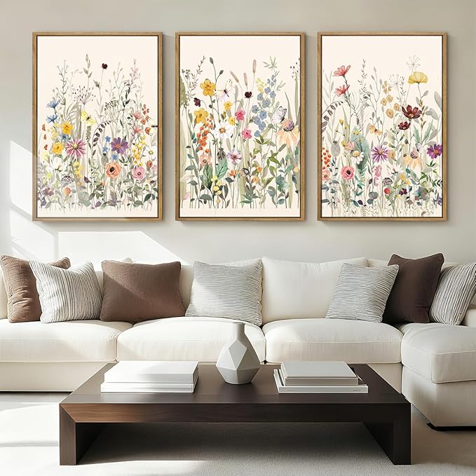 BINCUE Floral Wall Art Colorful Wildflower Wall Decor Boho Flowers Wall Paintings Flower Artwork Framed Floral Artprints for Living Room Bedroom Farmhouse Home Decor 16x24 Inches Set of 3