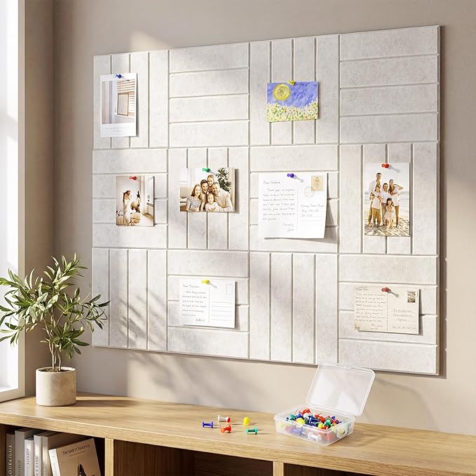 Felt Bulletin Board Tiles 48" x 36", 12-Pack Cork Board for Office, Pin Board with 60 Pushpins Cork Boards for Office Decor Walls Organizer, 70 Adhesive Tabs Included - Oatmeal