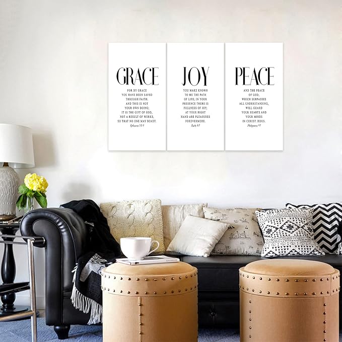 3 Piece Inspirational Wall Art White Motivational Mindset Picture, Quote "Grace Joy Peace" Canvas Print for Christian Gifts, Triptych Entrepreneur Poster Framed Artwork for Home Wall Decor(36"Wx18" H)
