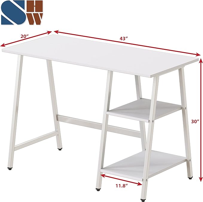 SHW 43-Inch Home Office Trestle Computer Desk with Open Storage Shelves, White