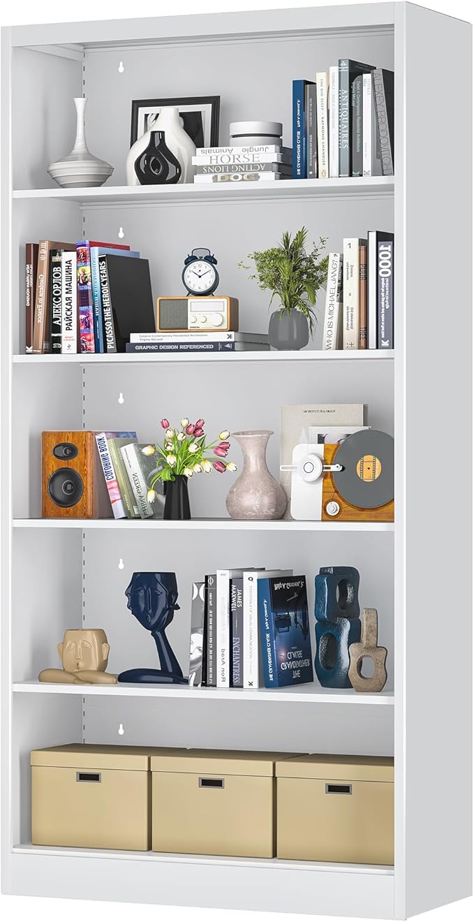 66” Tall Metal Bookcase, 5-Shelf Book Case with Adjustable & Extra Deep 14” Shelves, Heavy Duty Storage for Books, Vinyl Records, Home Office, Library, Living Room, Garage, White