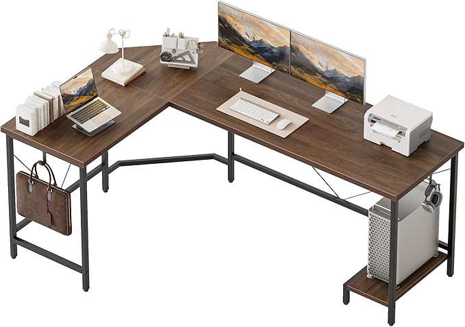 Mericonia 50 inch Large L Shaped Desk, Simple Corner Gaming Desk with CPU Stand & Hooks, Computer Desk for Home, Bedroom & Office Workspace, Walnut
