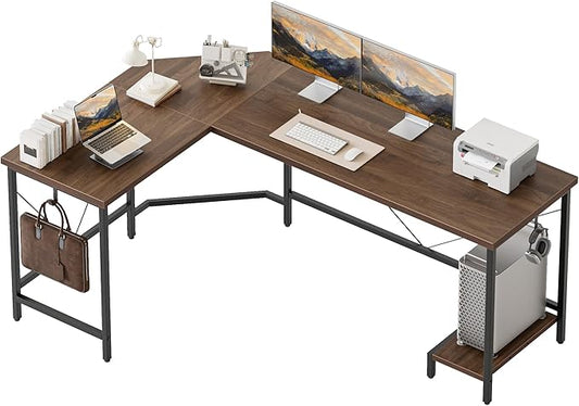 Mericonia 50 inch Large L Shaped Desk, Simple Corner Gaming Desk with CPU Stand & Hooks, Computer Desk for Home, Bedroom & Office Workspace, Walnut