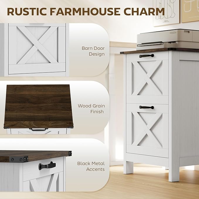 HOMCOM 2 Drawer Vertical File Cabinet with Silent Slides, Rustic Farmhouse Filing Cabinet with Barn Doors for A4/Letter Size, Printer Stand with Storage for Home Office, Distressed White