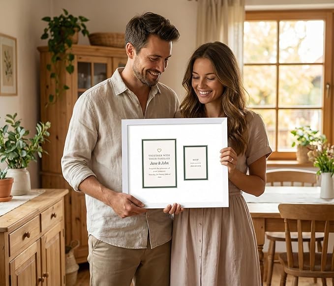 Poster Palooza Wedding Invitation Display Frame 11.25x13.25 in Natural With White and Black Double Mat for 5.5x7.5 Boutique Keepsake | USA Made