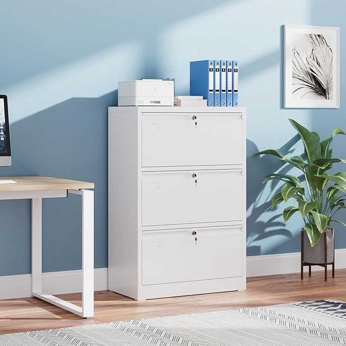 Lateral File Cabinet 3 Drawer,Metal Filing Cabinet with Locks and Business Card Slot for Home Office Hanging Letter/Legal Size Folders,Required Assembly,White