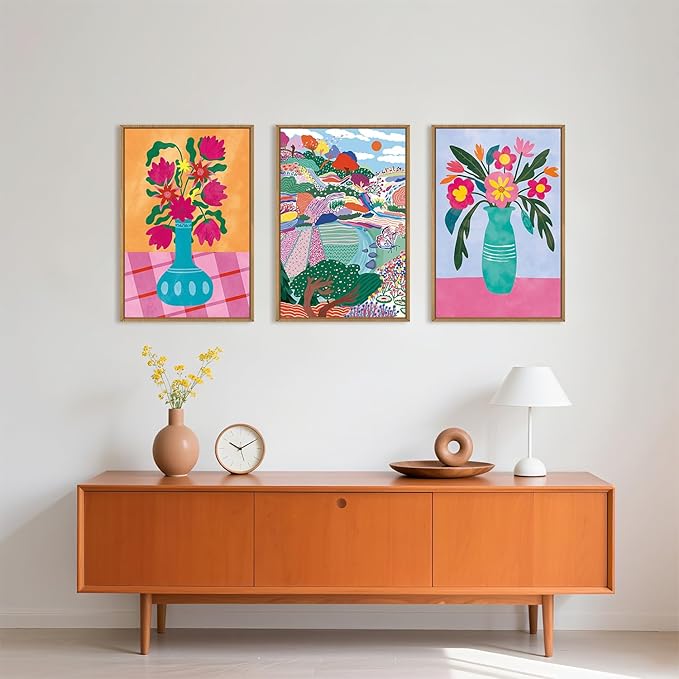 HOURIA Spring Colorful Flower Field Landscape Framed Canvas Wall Art Set,Abstract Pink Floral Vase Wall Decor,Natural Botanical Tree Artwork,Modern Sunrise Art Prints for Living Room,Farmhouse-16"x24"x3
