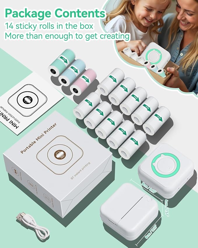 Aptika Mini Printer - Portable Sticker Maker with 14 Rolls Sticky Thermal Papers, Inkless Label Maker Machine for Study Anatomy Graphics Photos Address, Green