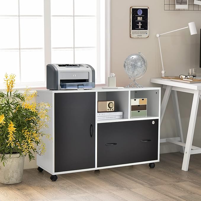 Lateral File Cabinet with Lock, Filing Cabinet for Legal/Letter/A4 Size Files, 40” Printer Stand with Open Storage Shelves for Home Office, Mobile File Cabinets on Wheels
