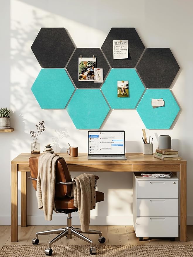 8 Pack Hexagon Felt Bulletin Board Tiles - 11.8" Large Thick Pin Board for Walls with 30 Push Pins, DIY Boards for Office Home School Decor, Aesthetic Hex Cork Board Alternative