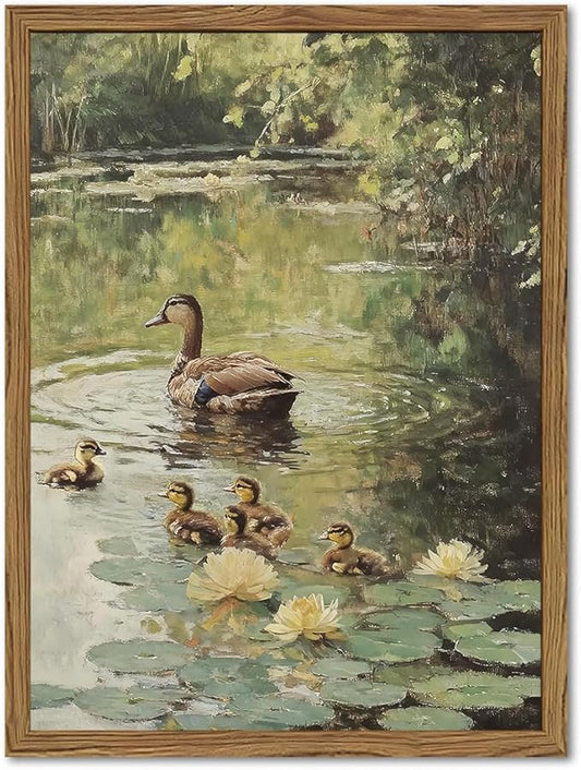 Framed Vintage Duck Canvas Wall Art, Rustic Farmhouse Animal Family Pictures Wall Decor, Country Nature Pond Paintings Prints Cottagecore Home Decor for Living Room Bedroom Bathroom 16x24 inch