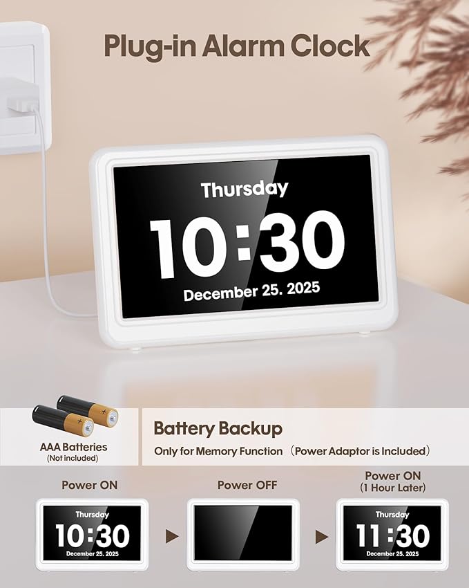 Digital Clock with Date and Week for Seniors, Alzheimer's Dementia Clock with 20 Alarms and 6 Medicine Reminders, Large Font Digital Calendar Alarm Clock for Vision Impaired, White (Ac Powered)