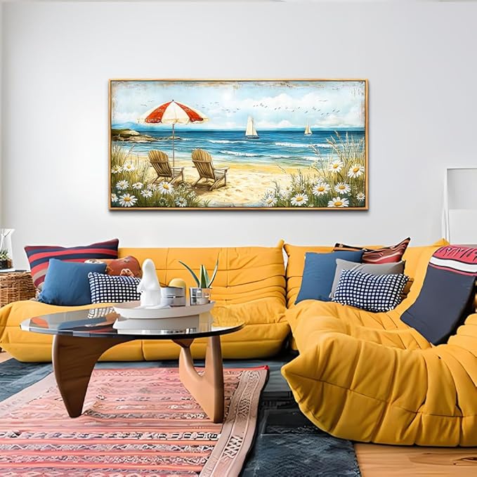 ERQINHUA Large Canvas Wall Art For Living Room Bedroom Wall Decor Office Blue Seaside Landscape Painting Wood Frame Room Bathroom Dining Room Prints Artwork Picture Home Wall Decoration 20x40 In
