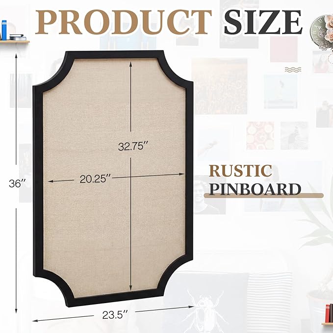 Vintage Framed Pin Board Linen Display Bulletin Board Large Cork Fabric Picture Photo Pinboard Memo Ornate Decorative Pinboard Ornate for Wall Gift(Scalloped,24" X 36",Black)