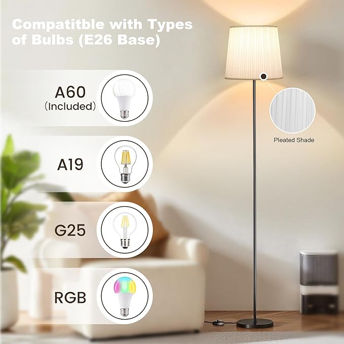 Floor Lamp with Pleated Shade - 62'' LED Standing Lamp with Foot Switch & Night Light, 3 Color Temps, 9W E26 Bulb Included, Modern Corner Lamp for Bedroom Living Room Office Reading, Black