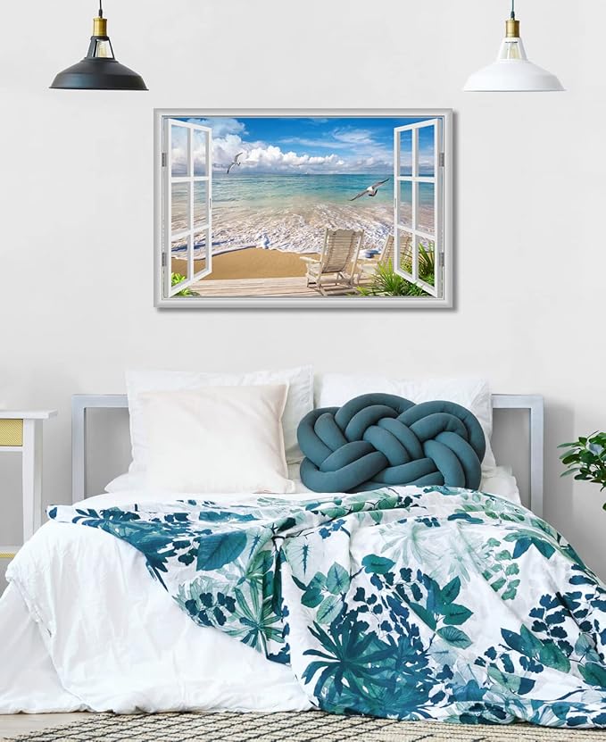 Large Beach Pictures Wall Art Canvas Print Artwork Blue Ocean Seascape Window frame Decor Living Room Bedroom Office 24 x36
