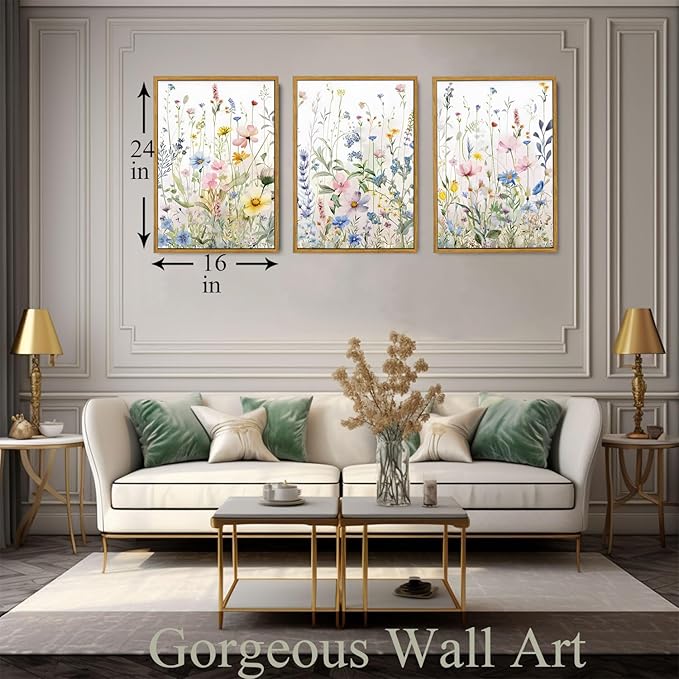 Bwodke Framed Wildflower Wall Art Watercolor Botanical Floral Colorful Canvas Prints Set of 3 Modern Minimalist Flower Pictures Decor Painting Bedroom Bathroom Living Room Nursery 16"x24"