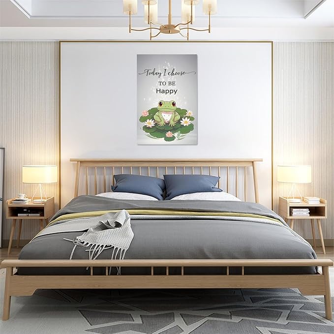 yerretin Frog Wall Art Funny Frog Lotus Pictures Wall Decor Flower Canvas Painting Modern Artwork Home Decorations for Bathroom Living Room Bedroom Office Framed 16"x24"