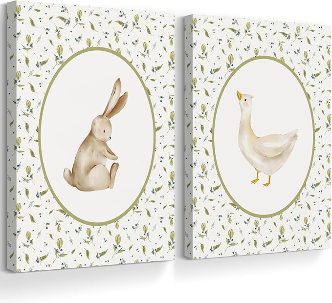 Vintage Nursery Wall Art Cute Goose Canvas Poster Bunny Wall Decor Baby Kids Poster Rabbit Duck Prints Cute Animal Pictures Pale Green Painting Artwork for Gallery Bedroom 12x16x2 Inch Ready to Hang
