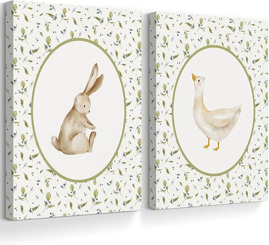 Vintage Nursery Wall Art Cute Goose Canvas Poster Bunny Wall Decor Baby Kids Poster Rabbit Duck Prints Cute Animal Pictures Pale Green Painting Artwork for Gallery Bedroom 12x16x2 Inch Ready to Hang