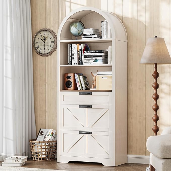 Arched Farmhouse File Cabinet with 2 Drawers for Legal, Letter, and A4 Size Hanging Files, Large Wooden File Cabinet for Home Office with Printer Stand and Bookshelf, Rustic White