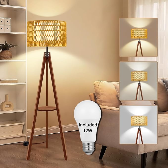 Vinaco Boho Tripod Floor Lamp with Shelf, Double Lampshades Mid-Century Standing Lamps, 3 Color Temperatures Wicker Floor Lamp, Foot Switch Rattan Tall Lamps for Bedroom, Living Room, Office