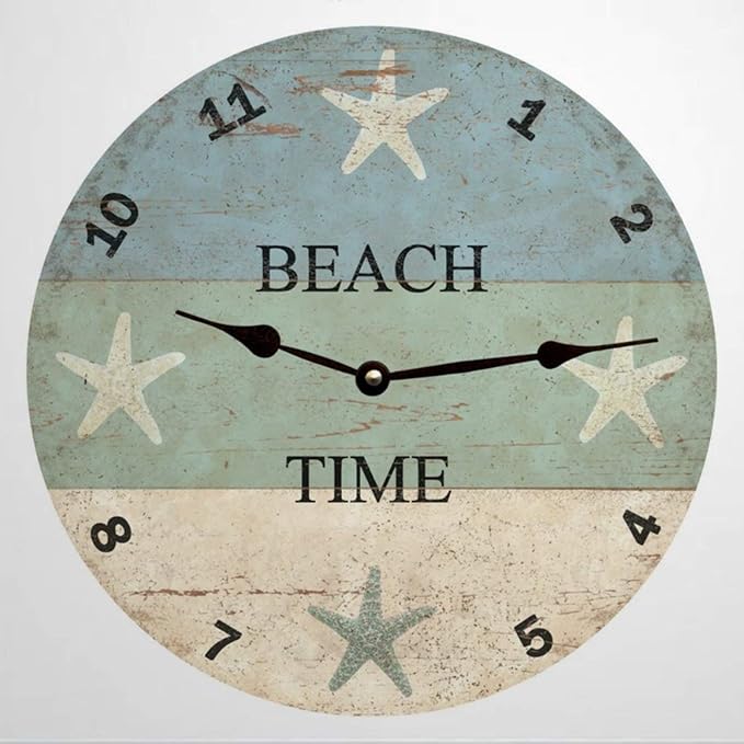 Wood Wall Clock Starfish Beach Time Clock 25cm Round Hanging Clock Rustic Tuscan Style Clock Silent Non Ticking Wall Decor for Home,Office,School