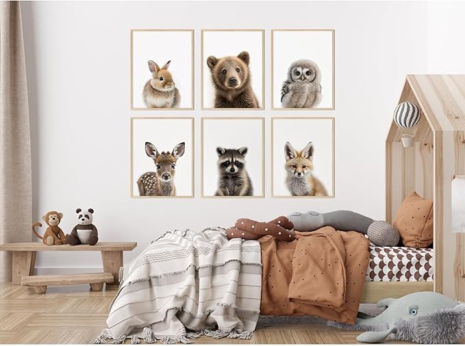 Nursery Animal Wall Art Pictures Baby Safari Canvas Wall Decor Jungle Woodland Wall Art Cute Animal Prints Paintings Nursery Kids Posters for Boys Girls Room Bedroom 8x10 Inch Unframed Set of 6