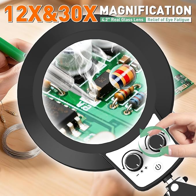 12X & 30X Magnifying Glass with Light, 3 Section Long Arm LED Desk Lamp with Large Clamp, 3 Color and Brightness Magnifier Light and Stand for Sewing, Craft(12X&30X 35in Circular Knob Clamp)
