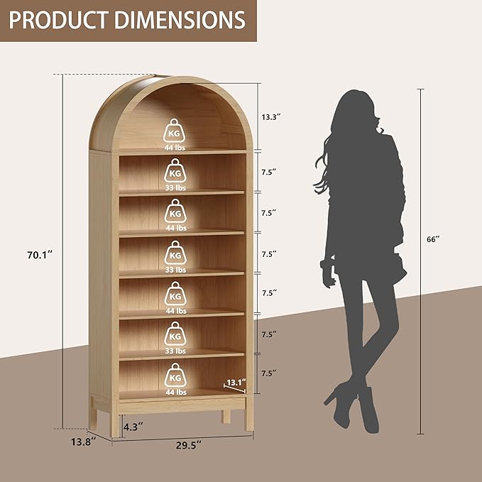 Tall Arched Bookshelf, 7-Tier Bookcase with 3 Adjustable Shelves, Modern Farmhouse Storage Shelf for Living Room, Entryway, Office, 29.5" W x 70.1" H x 13.8" D, Natural Oak