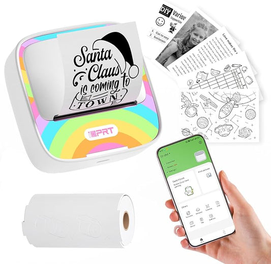 iDPRT Mini Printer with 1 Roll Sticker Paper, Portable Sticker Maker Machine Efficiently and Quickly, Thermal Printer for Study Notes, Pictures, DIY, Label, Rainbow