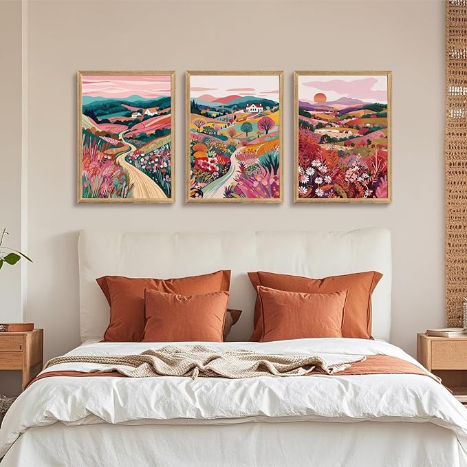 Hianan Colorful Boho Landscape Wall Art, Nature Watercolor Floral Wall Decor, Bright Mountain Water Canvas Painting, Modern Sunsets Landscape Poster Print For Living Room Bedroom Wood Framed 12"x16"x3