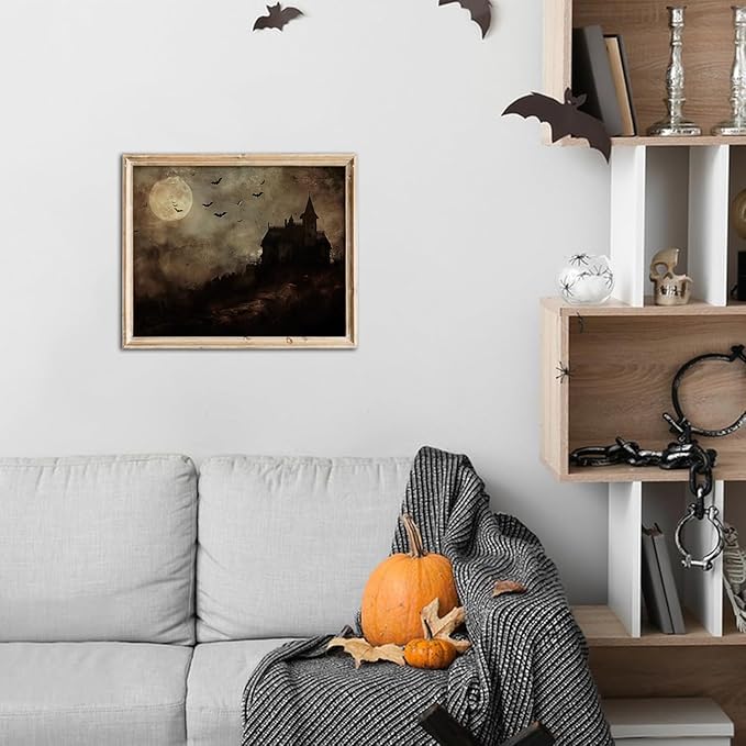 Kizbok Moody Halloween Wall Art Prints, Spooky Haunted House Landscape Canvas Painting, Gothic Halloween Pictures Wall Decor, Vintage Dark Academia Decor for Bedroom Gallery Bathroom - UNFRAMED