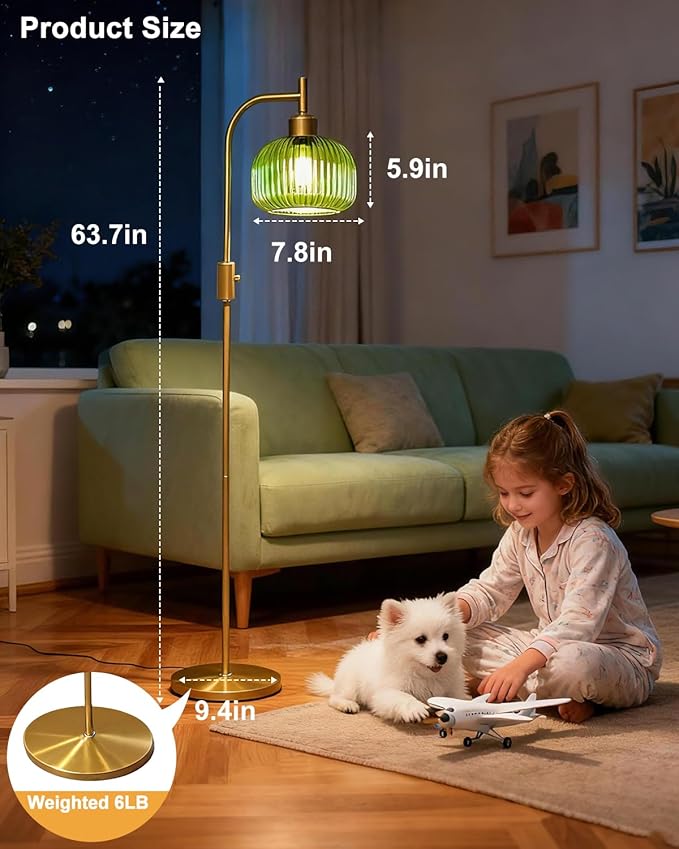 Lightdot 64IN Glass Floor Lamp for Living Room, Dimmable Modern Standing Lamps with Emerald Green Ribbed Glass Lampshade&(Bulb Included), Industrial Floor Lamp for Bedroom Office/
