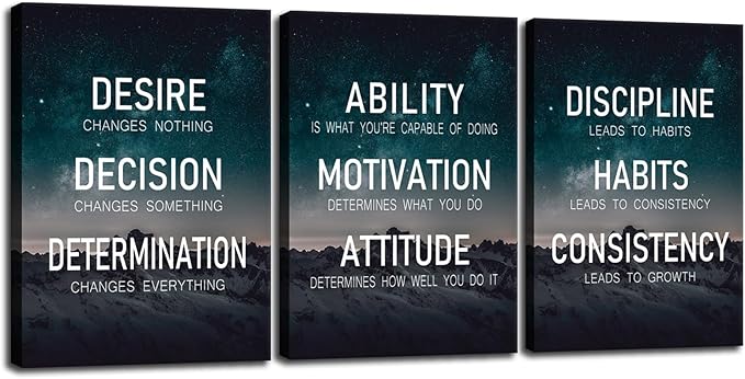 WYJDFART Set of 3 Motivational Wall Art “The Elements of Success:Discipline-Habits-Consistency-Attitude -Determination” Inspirational Wall Decor for Home Gym Bedroom Living Room [60''Wx 28''H]