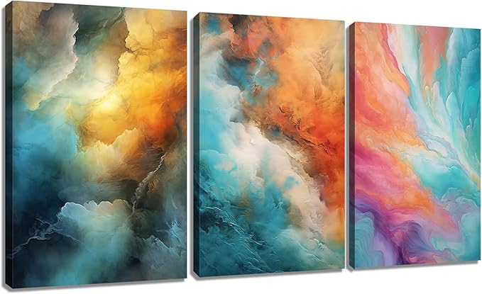 Colorful Canvas Wall Art Abstract Rendering Clouds 3 Pieces Modern Pictures Print Multicolor Poster Painting Wall Decor Artwork for Bedroom Kindergarten Office Stretched and Framed [48''W x 24''H]