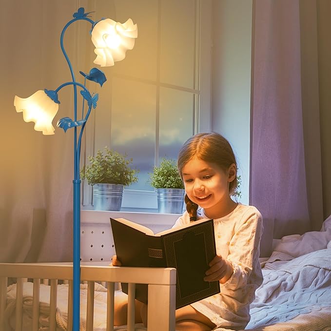 HMVPL Blue Floor Lamp for Living Room, Flower Standing Lamp with 2 LED 5W Blubs, Foot Switch, Floral Tall Lamp with Acrylic Shade, Antique Lotus Flower Floor Lamp for Living Room Office Reading