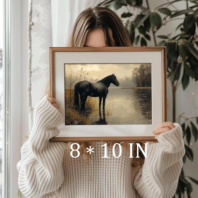 uniro Black Horse Vintage Wall Art Moody Landscape Prints Retro Wall Art Lake Dark Cottagecore Art Foggy Rustic Wall Decor DarkMoodyWallArt(8" x 10"-UNFRAMED)