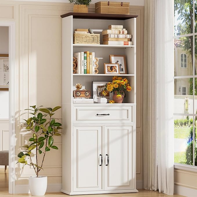 Cyclysio 80" Tall Bookcase, Farmhouse Bookshelves with Drawer and Doors, Floor Standing 6 Shelf Display Storage Cabinet for Home Office, Living Room (1, Antique White/Walnut)
