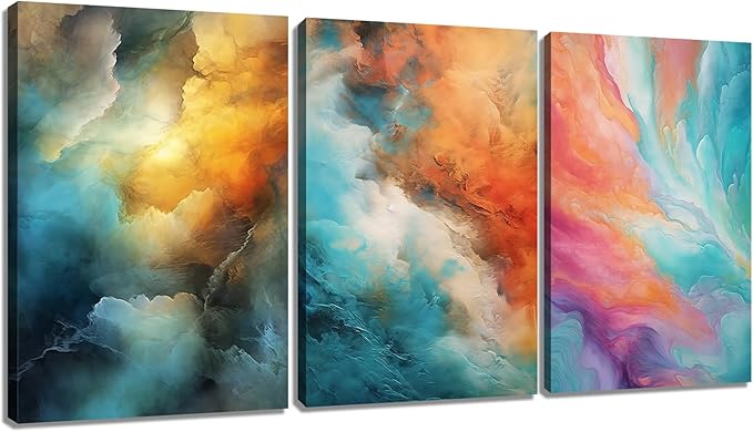 Colorful Abstract Poster Wall Art Rendering 3 Pieces HD Pictures Print on Wooden Framed Canvas Multicolor Painting Wall Decor Artwork for Modern Home Living Room Hotel Ready to Hang [60''Wx28''H]