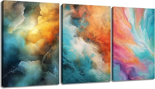 Colorful Abstract Poster Wall Art Rendering 3 Pieces HD Pictures Print on Wooden Framed Canvas Multicolor Painting Wall Decor Artwork for Modern Home Living Room Hotel Ready to Hang [60''Wx28''H]
