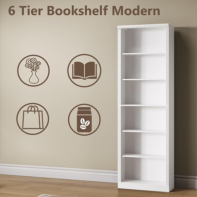 Tall Bookshelf, 6-Tier Bookcase with 2 Adjustable Shelves, Modern Farmhouse Storage for Living Room, Entryway, Office, 23.6" W x 74.8" H x 10.6" D, White