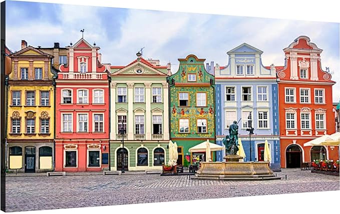 Canvas Wall Art for Living Room Bedroom Colorful renaissance facades central square Poznan Poland Big Large Wall Art Decor Framed Painting Wall Pictures Prints Artwork Office