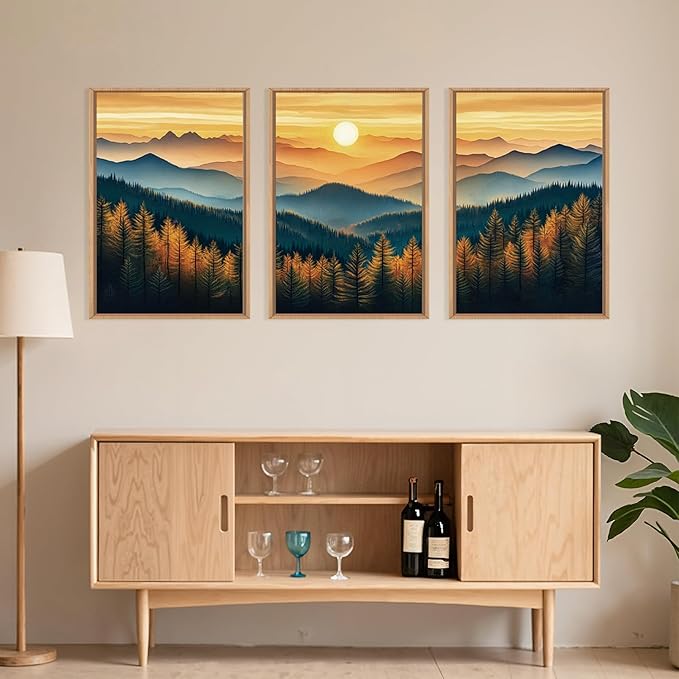 Large Boho Sunrise Mountain Framed Canvas Wall Art,Abstract Nature Forest Wall Decor,Foggy Pine Tree Painting,Retro Landscape Artwork for Living Room,Bedroom,Dining Room,Office -24"x36"x3